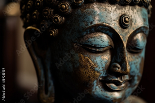 Spiritual Buddha metal statue meditating close up macro with serene peaceful happy face. Buddhist religion. Zen and enlightenment idea. Ai generated