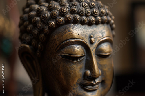 Spiritual Buddha metal statue meditating close up macro with serene peaceful happy face. Buddhist religion. Zen and enlightenment idea. Ai generated