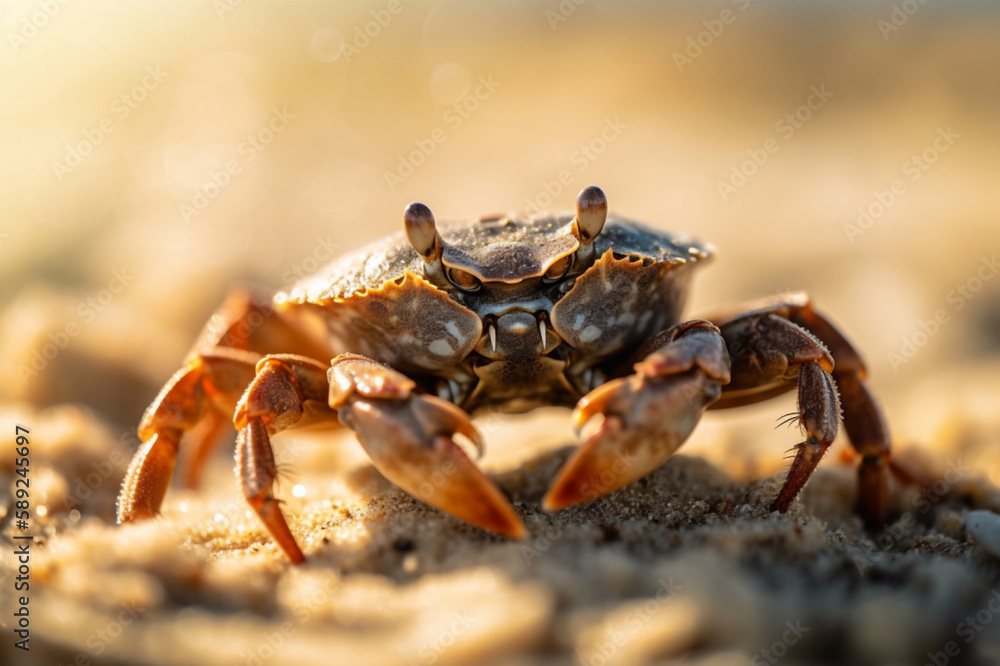 A crab crawls on a sandy beach under the bright sun. The waves of the sea can be seen in the background . Generative AI A crab crawls on a sandy beach under the bright sun. The waves of the sea can be seen in the background . Generative AI