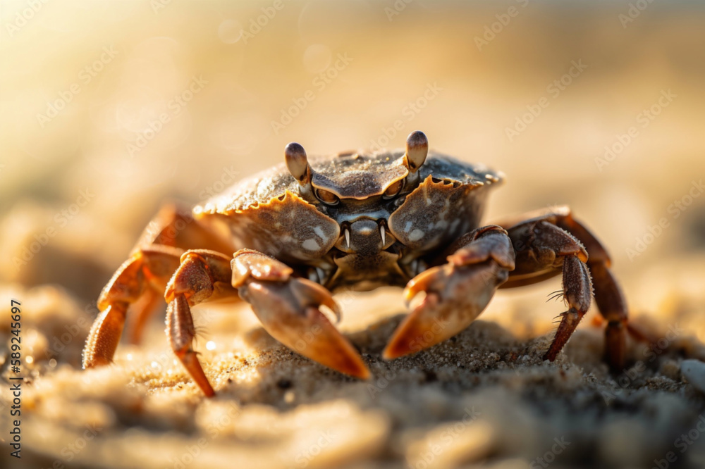 A crab crawls on a sandy beach under the bright sun. The waves of the sea can be seen in the background . Generative AI