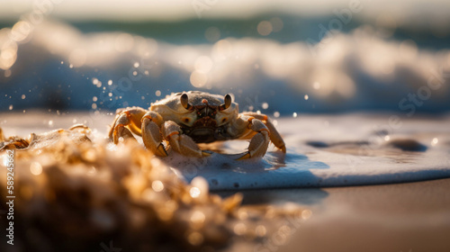 A crab crawls on a sandy beach under the bright sun. The waves of the sea can be seen in the background . Generative AI