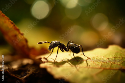 Macro Shot of Ant Carrying Leaf in Forest Habitat on Summer Day. Generative AI © photobuay