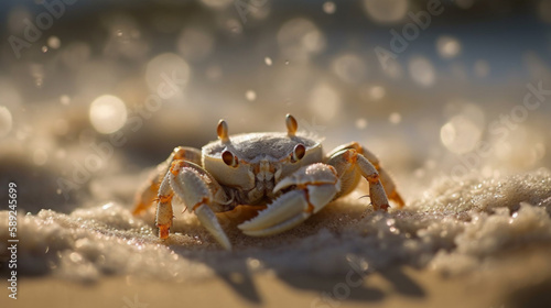 A crab crawls on a sandy beach under the bright sun. The waves of the sea can be seen in the background . Generative AI © photobuay