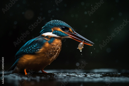the beauty of nature as a kingfisher catches a fish in cinematic lighting, Generative AI © photobuay