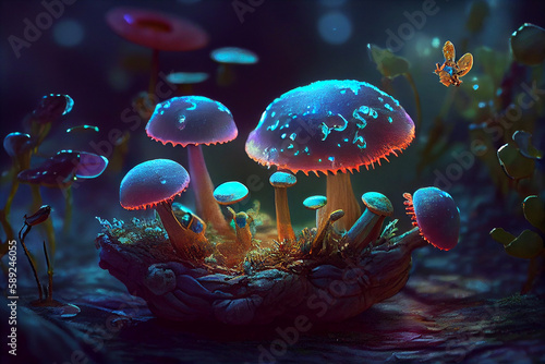 Psilocybin mushrooms, generative ai illustration. Commonly known as magic mushrooms, a group of fungi that contain psilocybin © Dr_Microbe