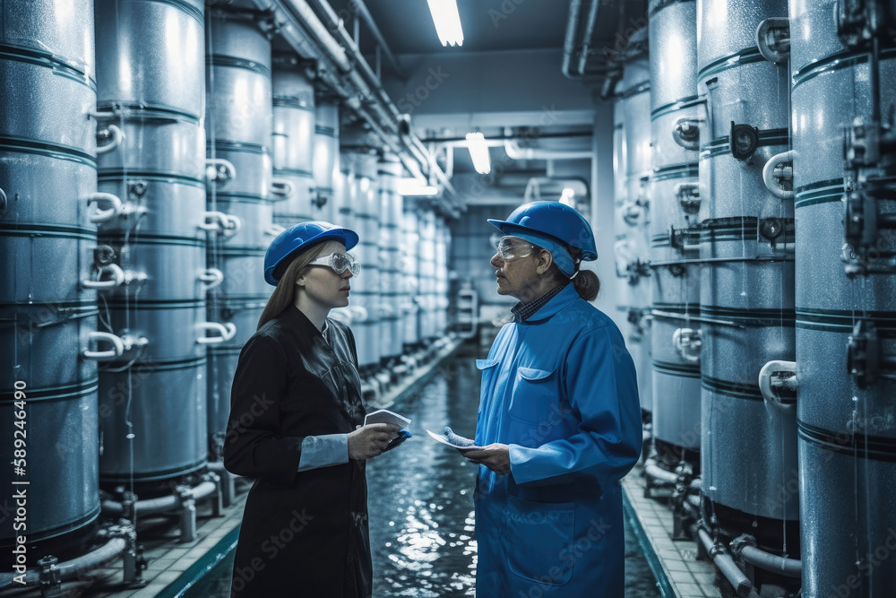 Engineer and laboratory technician discussing water purity. Generative ai. Engineer and laboratory technician discussing water purity. Generative ai.