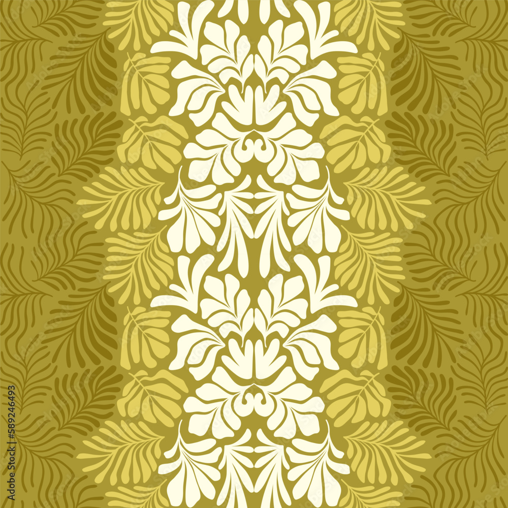 Khaki yellow abstract background with tropical palm leaves in Matisse style. Vector seamless pattern with Scandinavian cut out elements. Khaki yellow abstract background with tropical palm leaves in Matisse style. Vector seamless pattern with Scandinavian cut out elements.