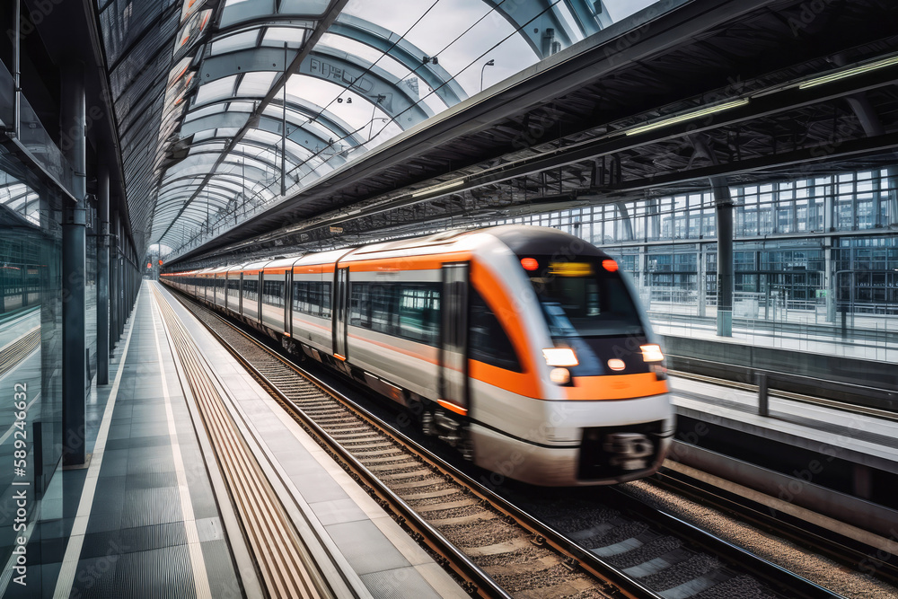 Fototapeta premium Fast moving train entering train station. Generative ai.