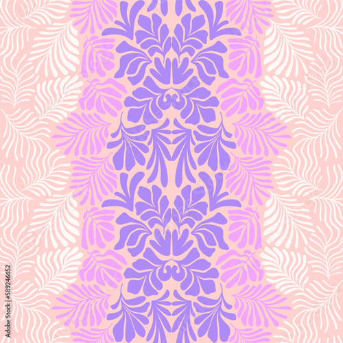 Pastel pink purple brown abstract background with tropical palm leaves in Matisse style. Vector seamless pattern with Scandinavian cut out elements.