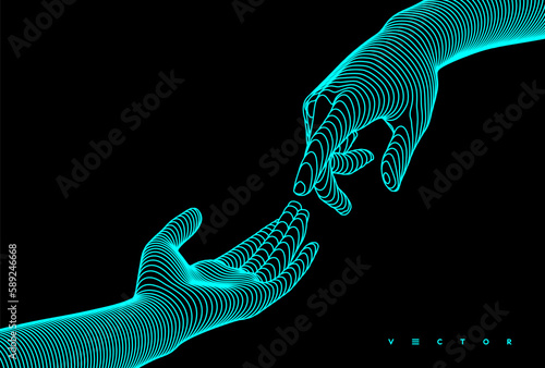 Hands reaching towards each other. Concept of human relation, togetherness or  partnership. 3D vector illustration. Can be used for advertising, marketing or presentation.