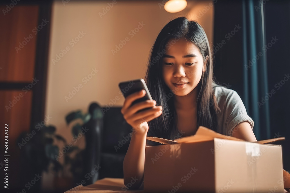 Happy Asian woman using cell phone while unpacking delivery box at home. Generative ai. Happy Asian woman using cell phone while unpacking delivery box at home. Generative ai.