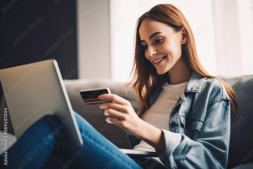 Happy woman with credit card doing online shopping on laptop at home . Generative ai. Happy woman with credit card doing online shopping on laptop at home . Generative ai.