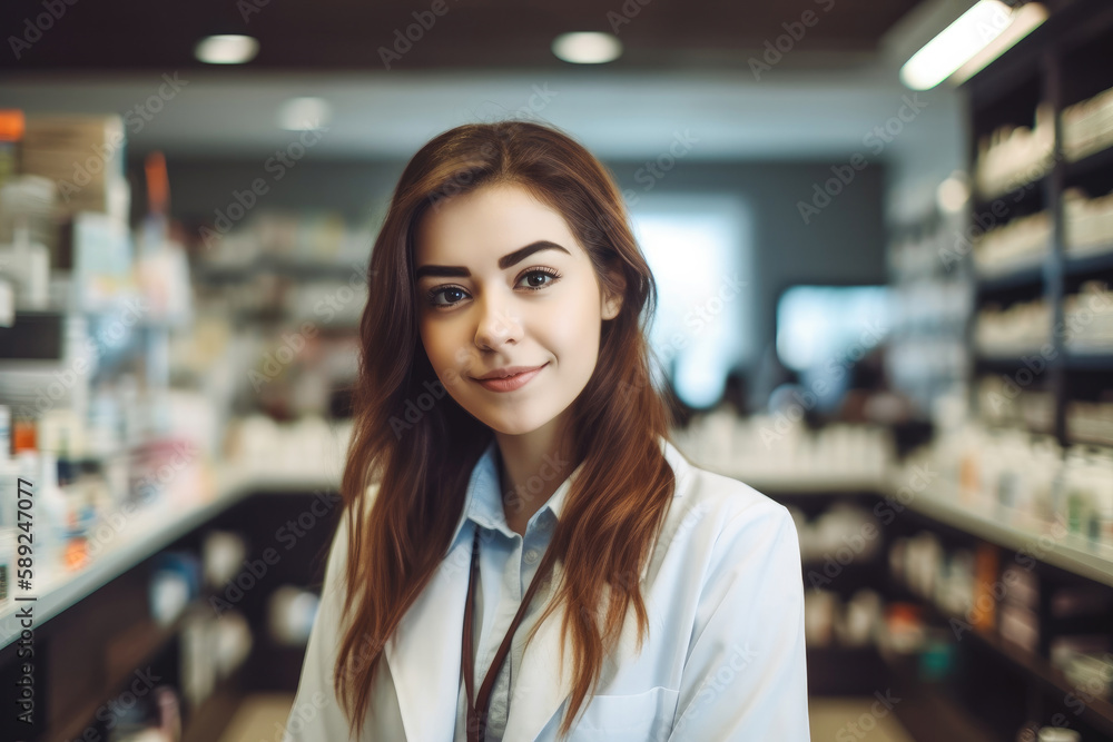 Your pharmacist is here. Attractive young female pharmacist working in a pharmacy. Generative ai.