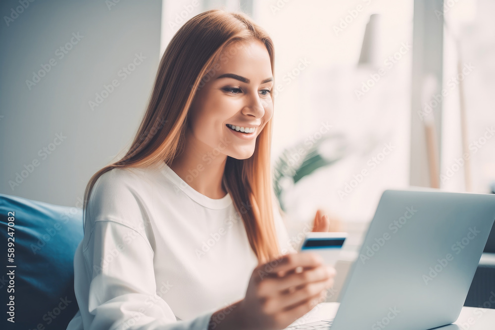 Happy woman with credit card doing online shopping on laptop at home . Generative ai. Happy woman with credit card doing online shopping on laptop at home . Generative ai.