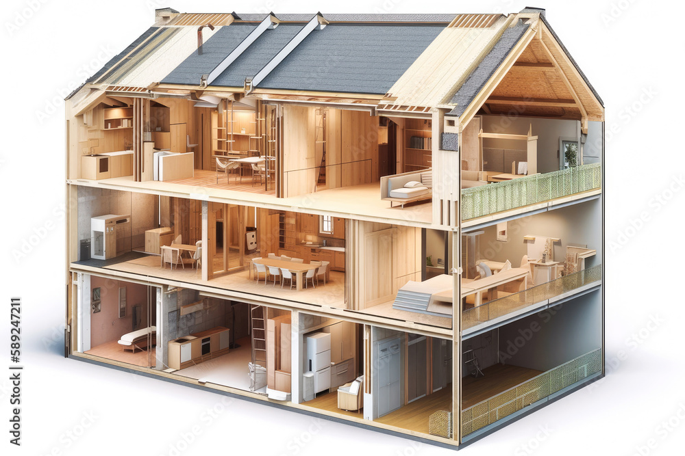Passive house cross section, renewable energy. Generative ai. Passive house cross section, renewable energy. Generative ai.