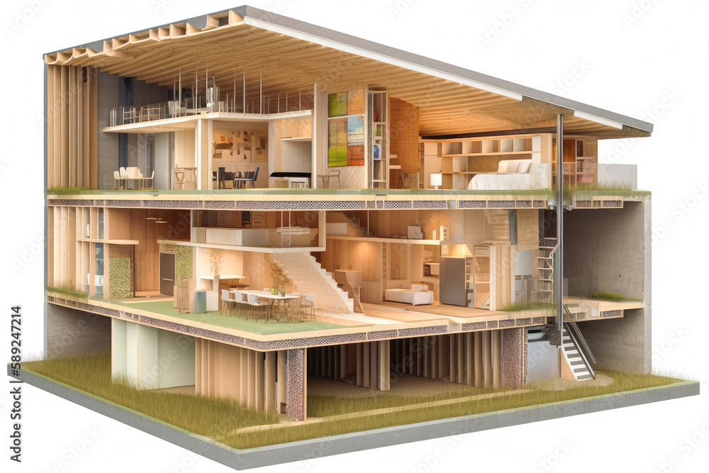 Passive house cross section, renewable energy. Generative ai. Passive house cross section, renewable energy. Generative ai.