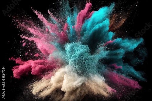 Explosion of white, pink and blue dust on a black background. Illustration. Generative AI