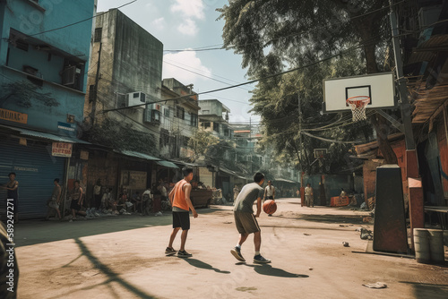 Friends playing street basketball. Generative ai.