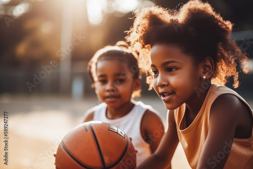 Afro american children playing basketball outdoors. Generative ai.