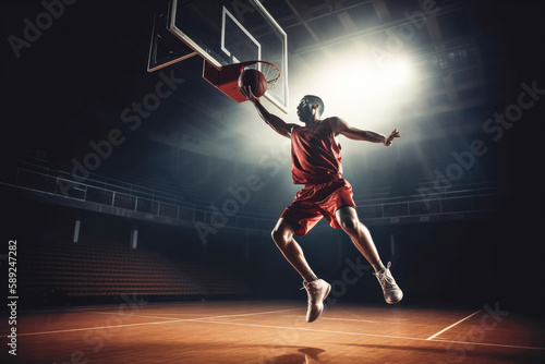 Basketball player on basketball court in action. Slam dunk. Generative ai.