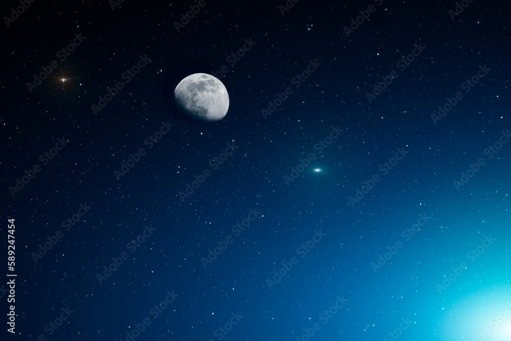 Moon on background starry sky in blue light earth.