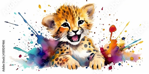 colorful watercolor jungle cat illustration Generative AI art