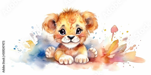 colorful watercolor lion cub illustration Generative AI art