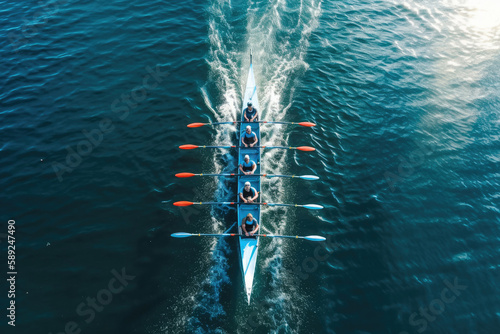Rowing team on blue water. Top down view. Generative ai.