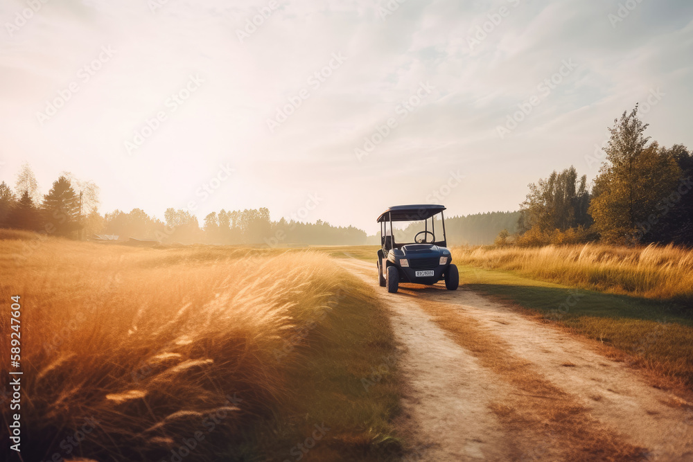 Playing golf in free time, driving golf cart on golf course. Generative ai. Playing golf in free time, driving golf cart on golf course. Generative ai.