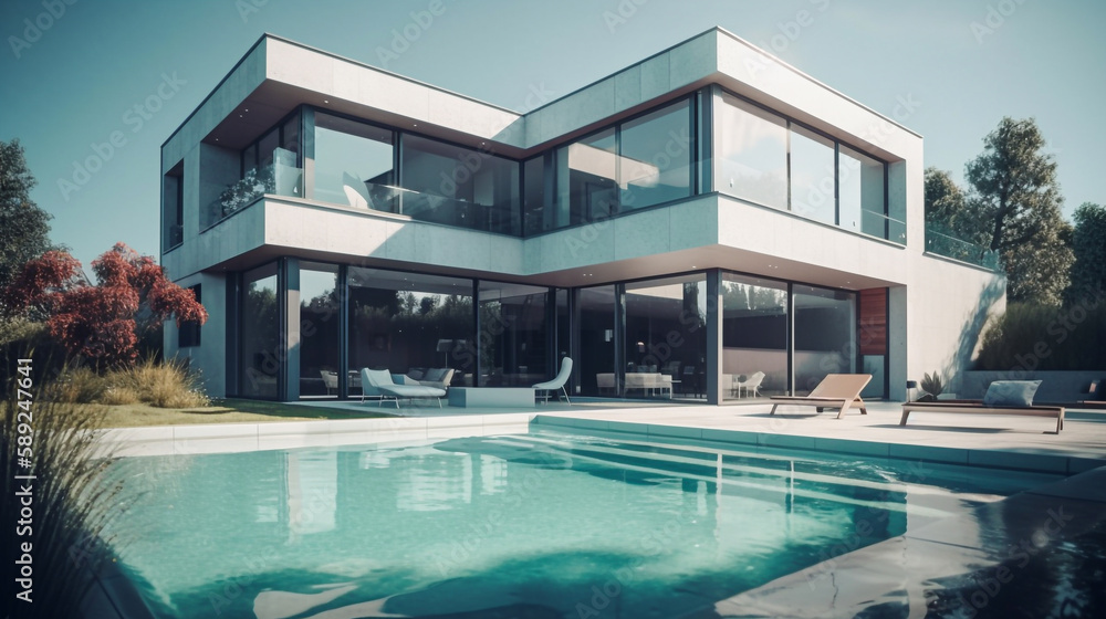 modern luxury house with a swimming pool in front, on a sunny summer day - Ai generative