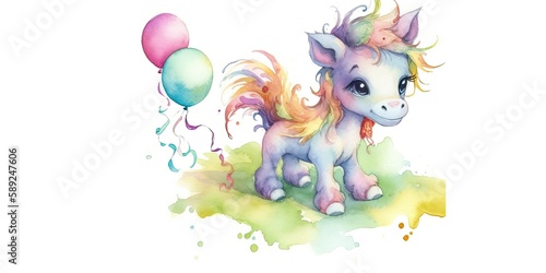 colorful watercolor pony illustration Generative AI art