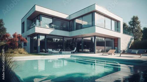 modern luxury house with a swimming pool in front  on a sunny summer day - Ai generative