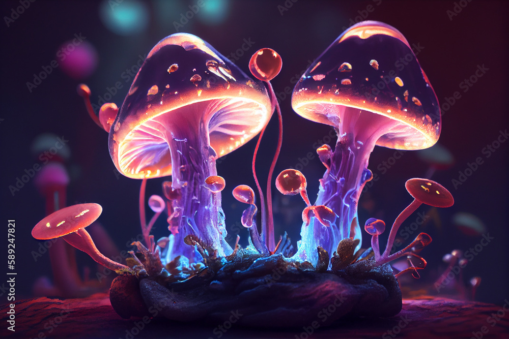 Psilocybin mushrooms, generative ai illustration. Commonly known as magic mushrooms, a group of Psilocybin mushrooms, generative ai illustration. Commonly known as magic mushrooms, a group of