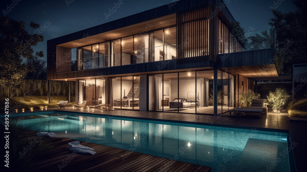 modern luxury house with a swimming pool in front, on a starry night summer - Ai generative