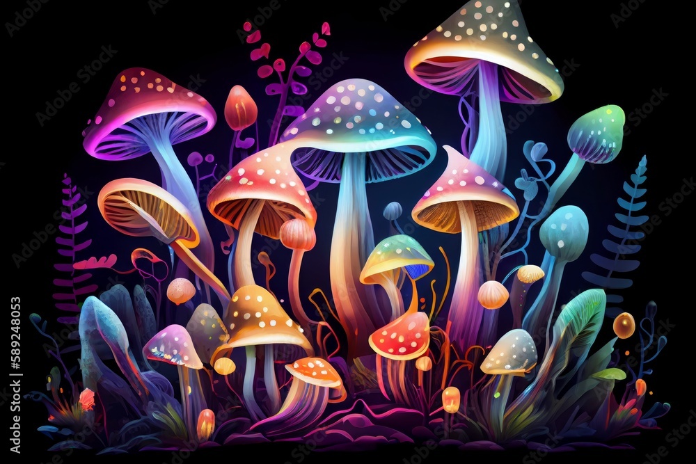 Fantasy mushrooms on dark background. Generative AI