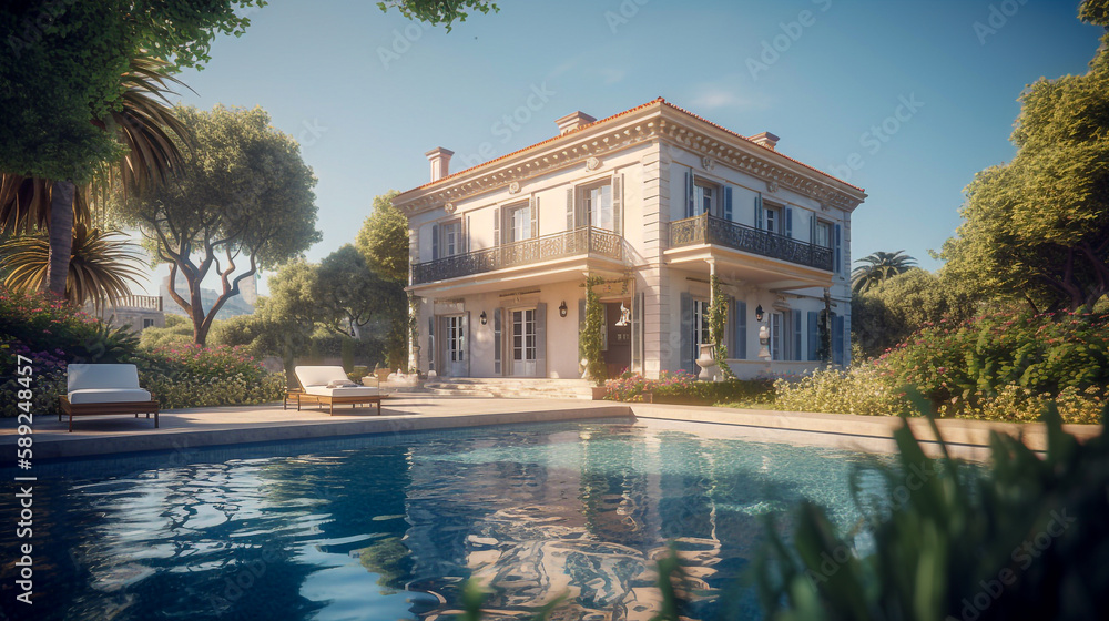 modern classic style villa with a swimming pool in front, on a sunny summer day - Ai generative