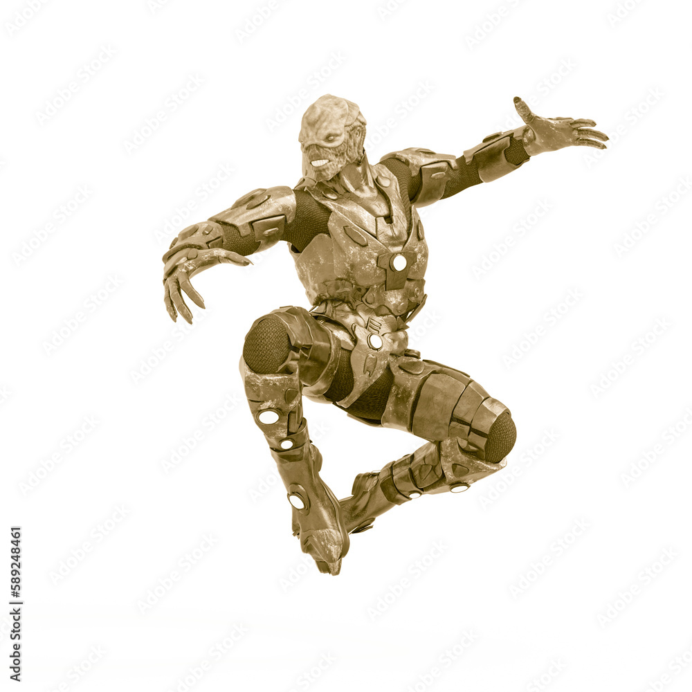 reptilian officer doing a nice jump in white background reptilian officer doing a nice jump in white background