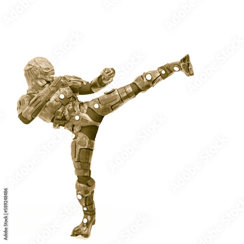 reptilian officer doing a kung fu pose in white background