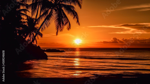 A summer sunset at the beach, with palm trees silhouetted against the sky, warm orange and yellow hues, the sound of crashing waves, and a peaceful atmosphere - ai generative