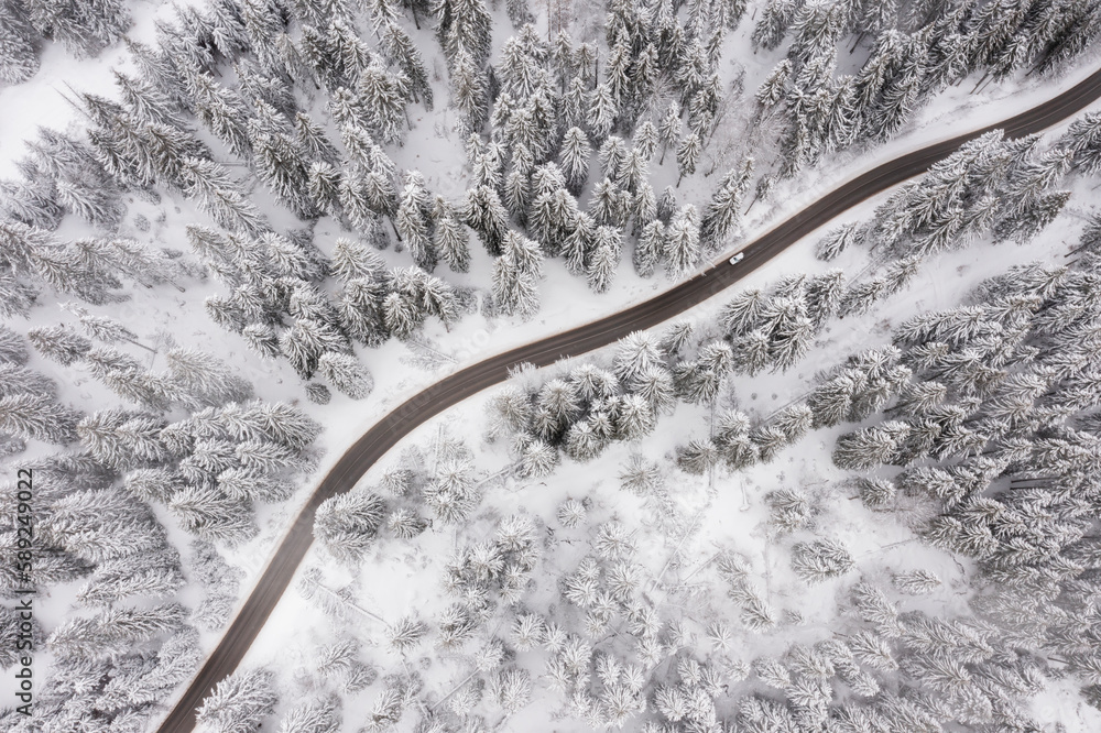 Drone view at mountain road at winter