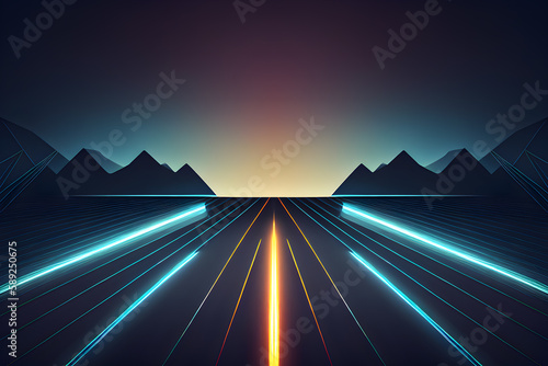 Abstract technology background with glowing lines and mountains. AI Generative