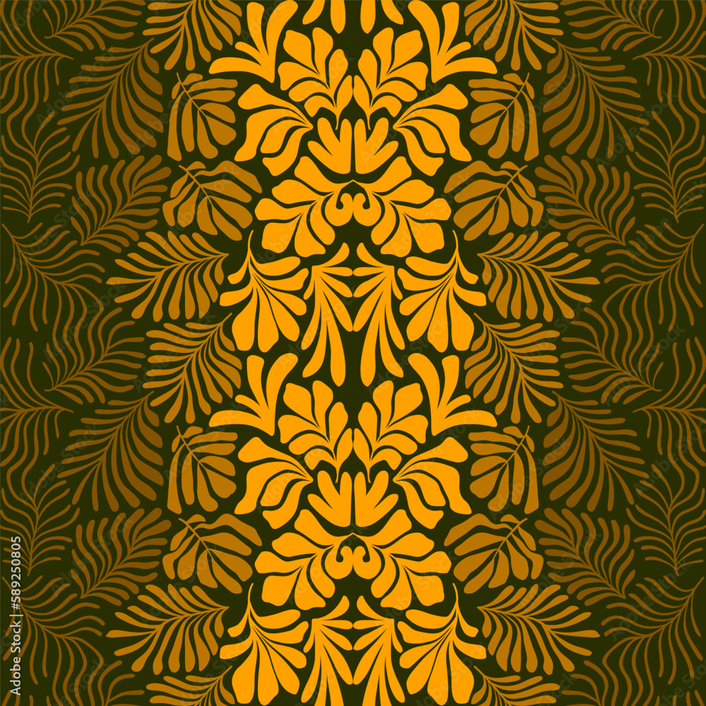 Gold yellow gradient abstract background with tropical palm leaves in Matisse style. Vector seamless pattern with Scandinavian cut out elements. Gold yellow gradient abstract background with tropical palm leaves in Matisse style. Vector seamless pattern with Scandinavian cut out elements.