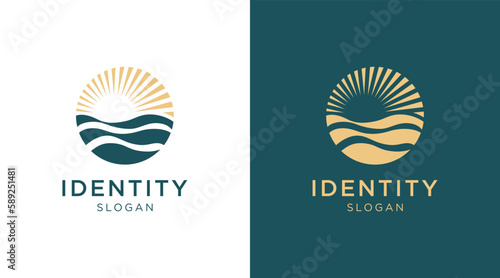 Sun logo with sea wave vector design