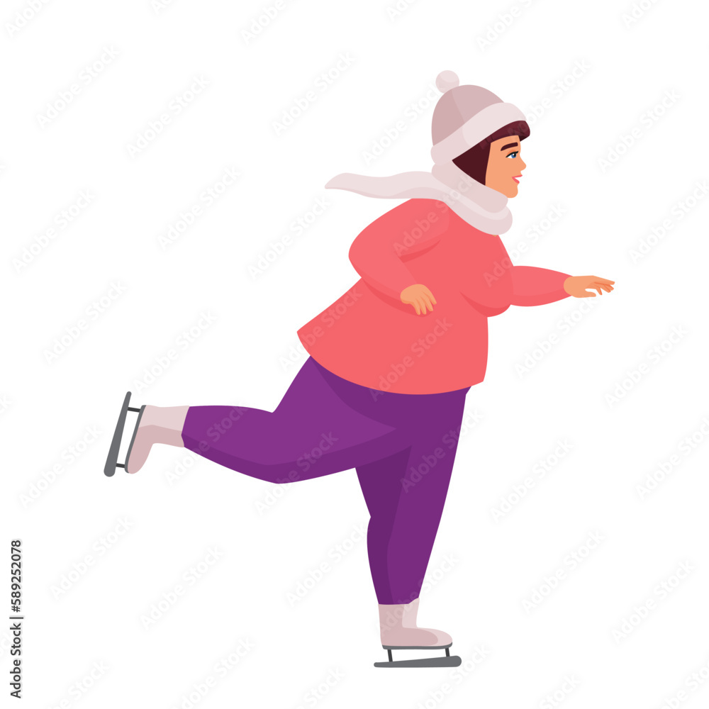 Plus size woman skating. Fat girl doing winter sport vector cartoon illustration