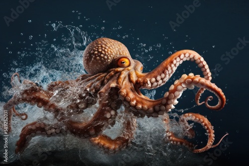 octopus in sea with splash effect isolated on dark background