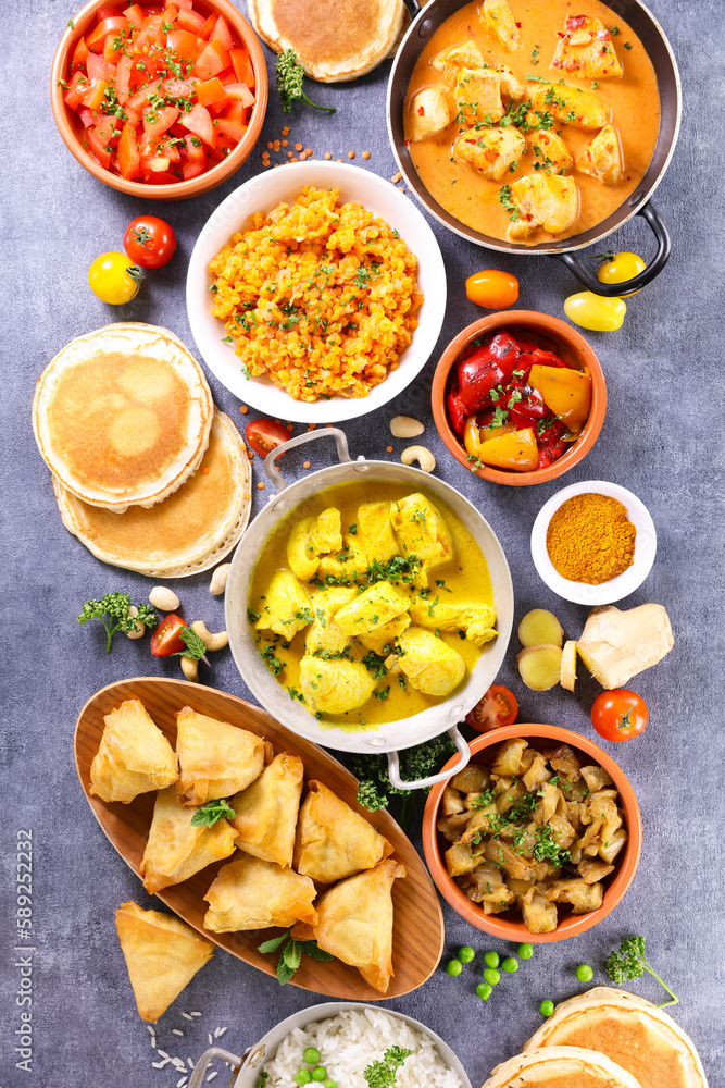 assorted indian food selection- top view