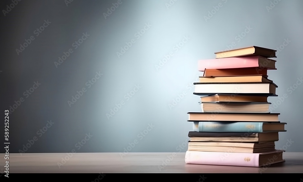 Learning and Knowledge. Books on Table with Bookshelf Background and Copy Space Learning and Knowledge. Books on Table with Bookshelf Background and Copy Space