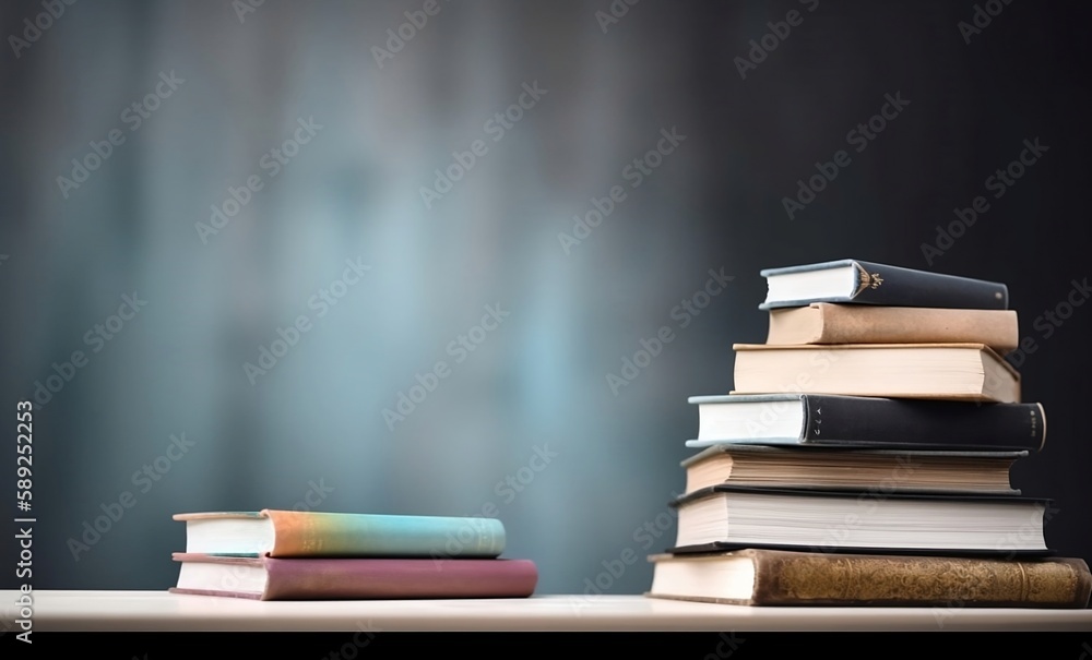 Learning and Knowledge. Books on Table with Bookshelf Background and Copy Space Learning and Knowledge. Books on Table with Bookshelf Background and Copy Space