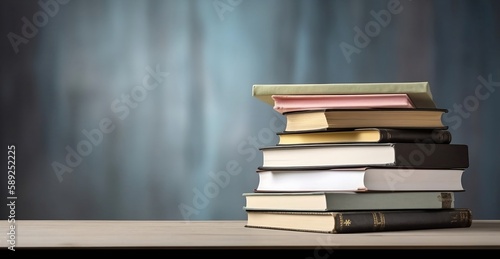 Learning and Knowledge. Books on Table with Bookshelf Background and Copy Space