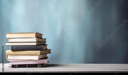 Learning and Knowledge. Books on Table with Bookshelf Background and Copy Space © Thares2020